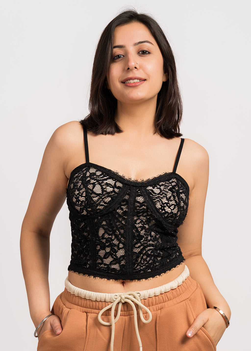 Black Stylish Floral Tank Top - Free Size