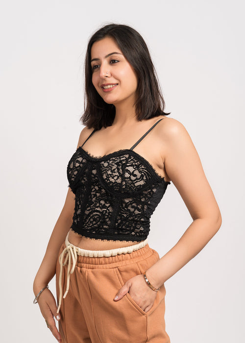 Black Stylish Floral Tank Top - Free Size