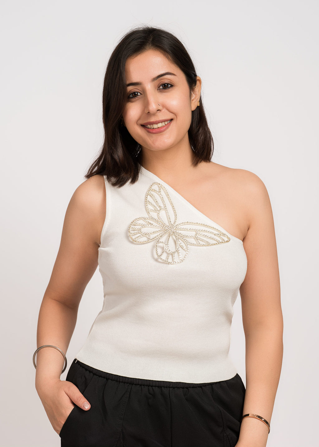 White Bloom Stylish One-shoulder top Free Size