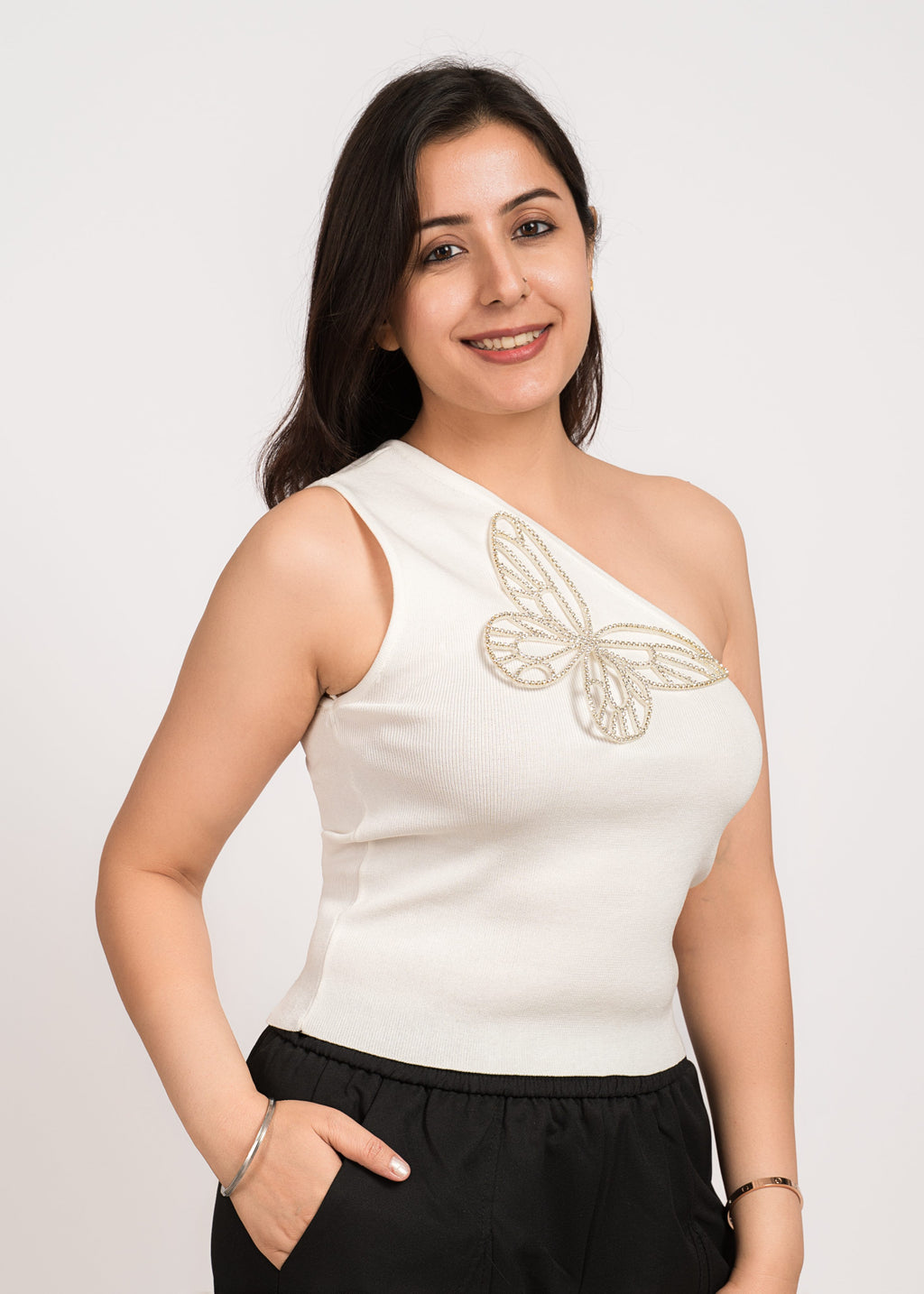 White Bloom Stylish One-shoulder top Free Size