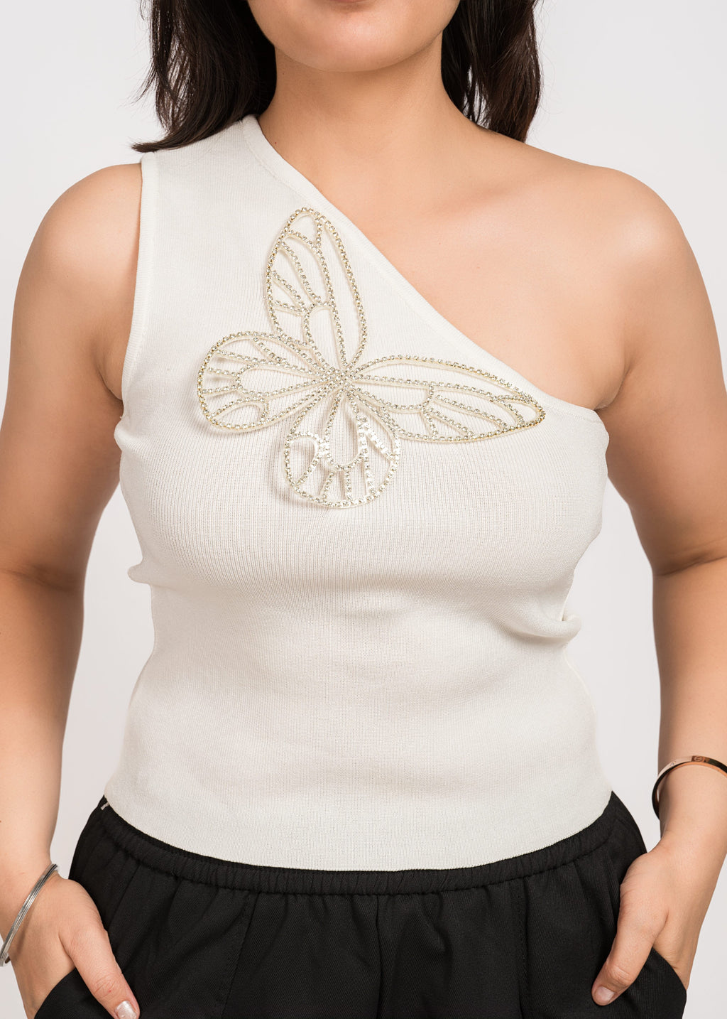 White Bloom Stylish One-shoulder top Free Size