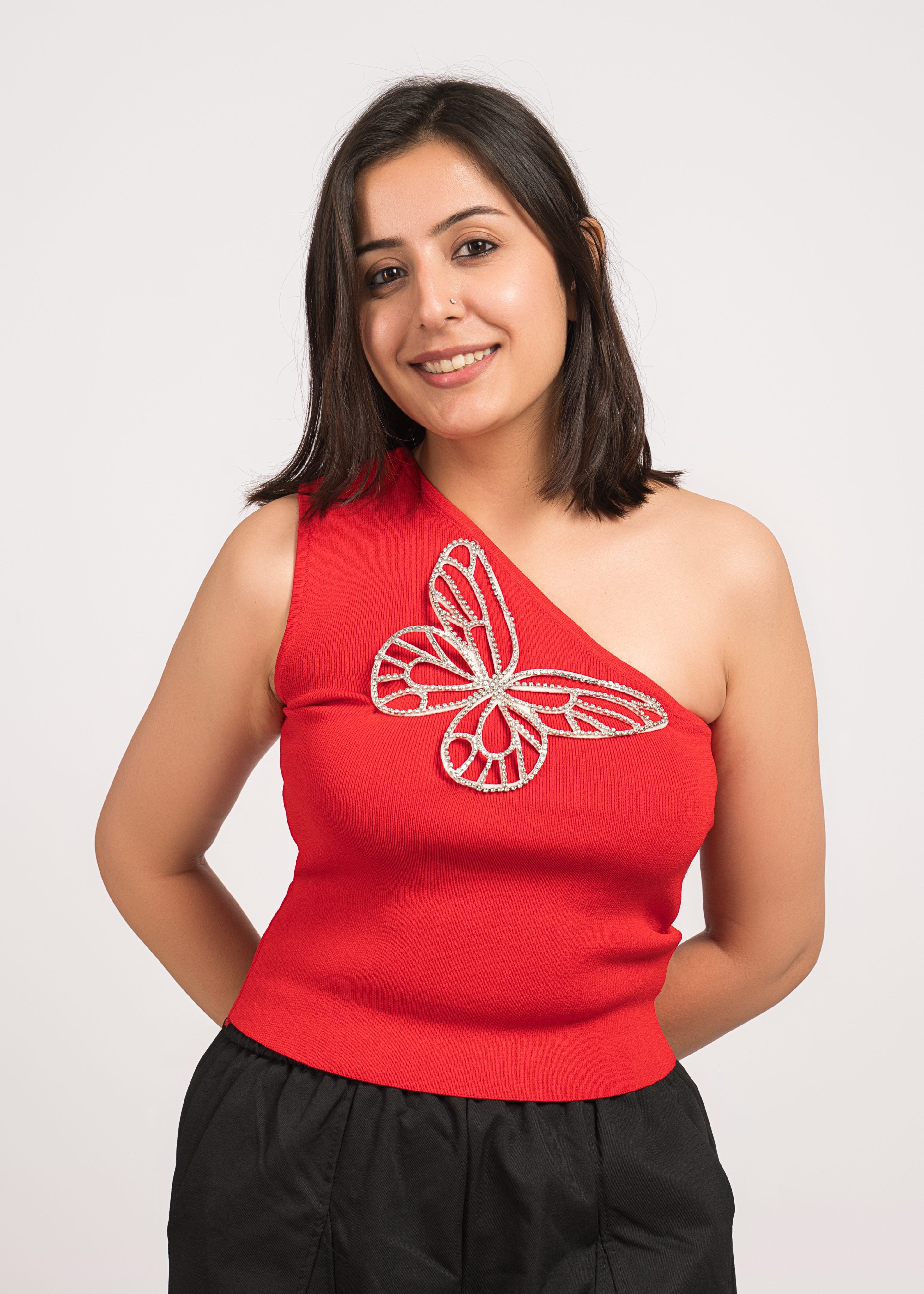 Red Bloom Stylish One-shoulder top Free Size