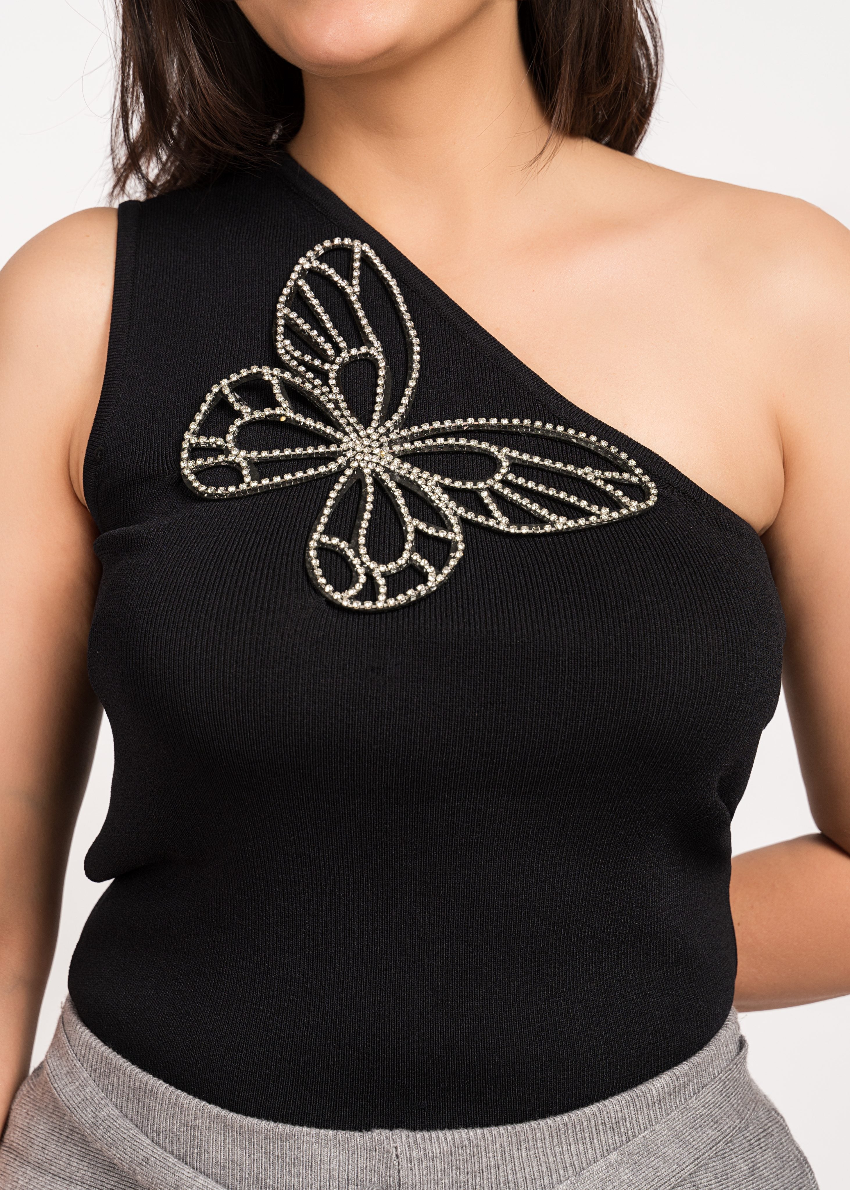 Black Bloom Stylish One-shoulder top Free Size