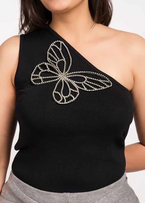 Black Bloom Stylish One-shoulder top Free Size