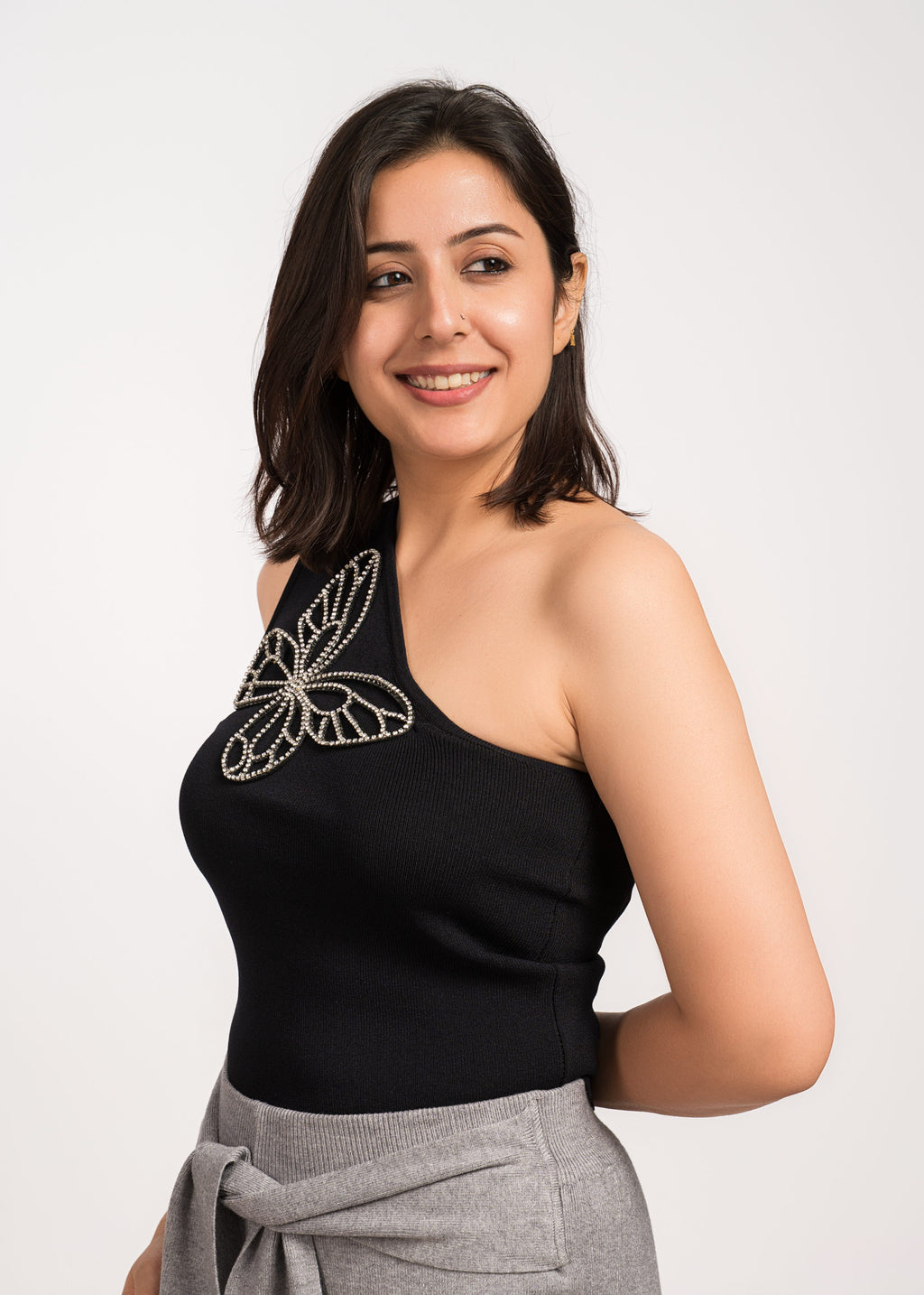 Black Bloom Stylish One-shoulder top Free Size