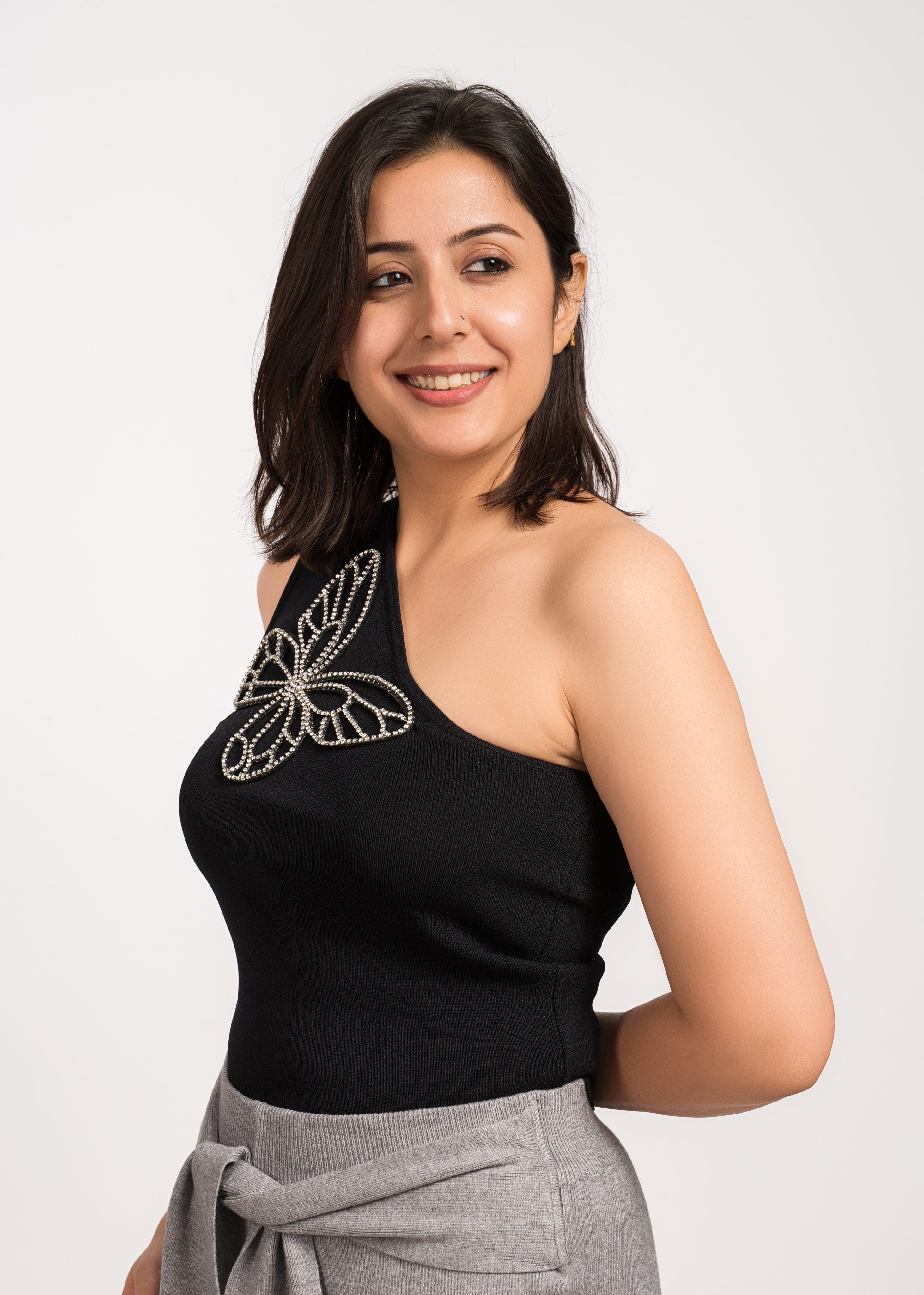 Black Bloom Stylish One-shoulder top Free Size