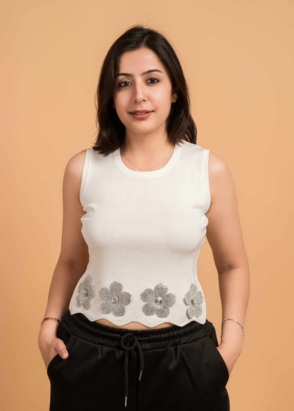 White Free Size Floral Crop Top