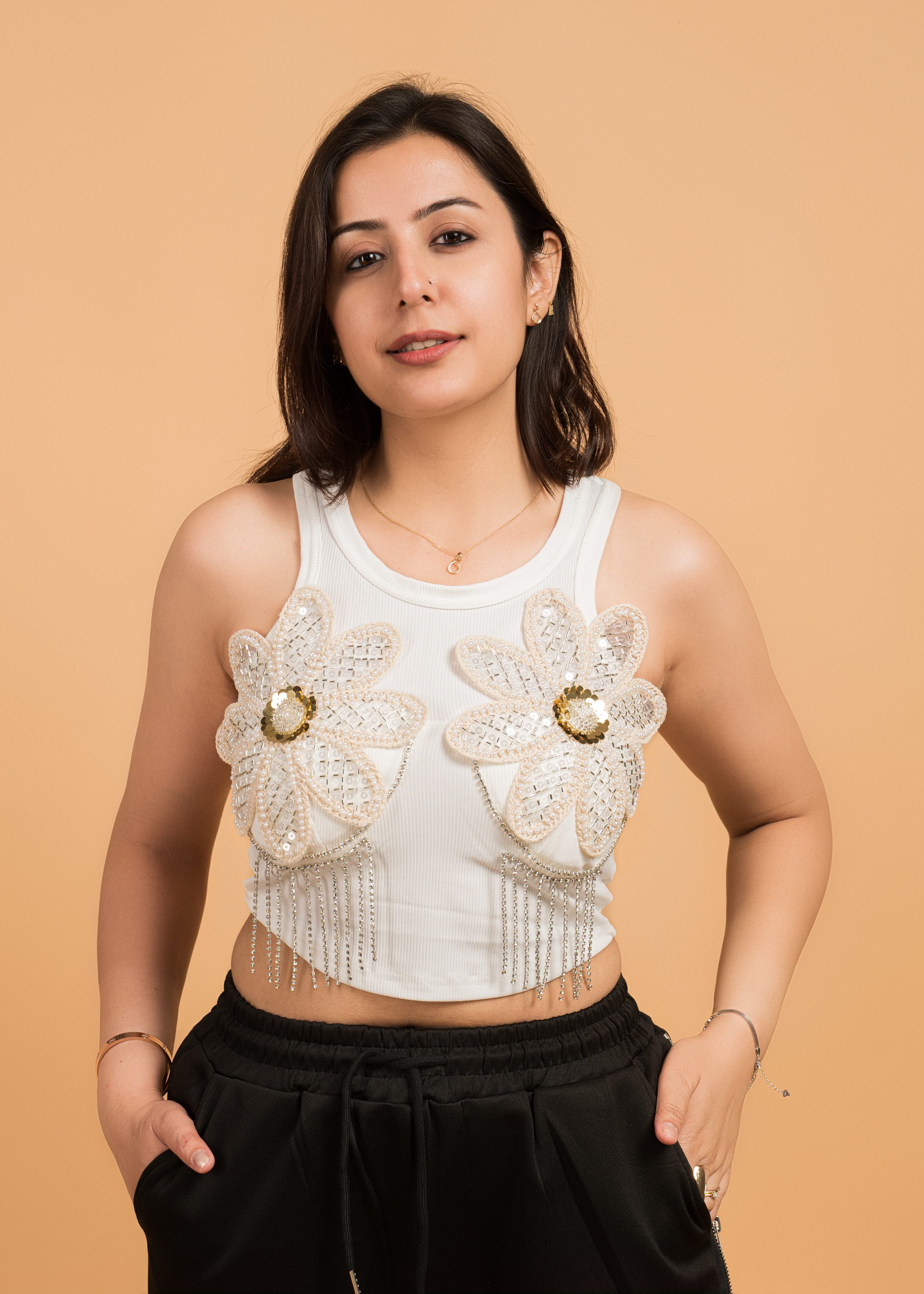 Bloom Beaded Crop Tank – White