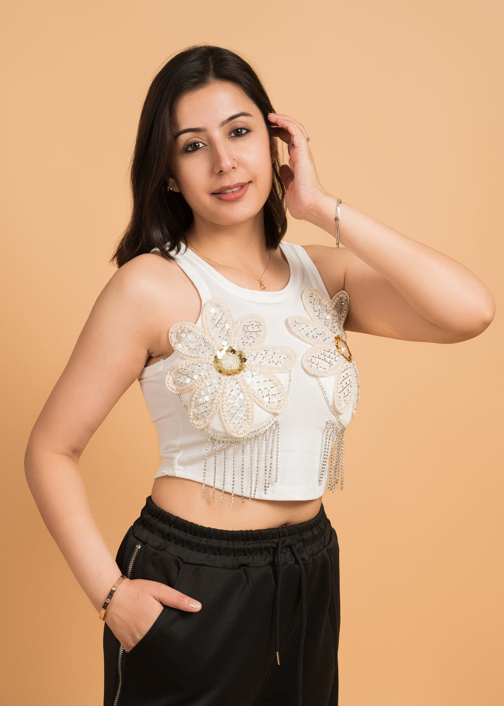 Bloom Beaded Crop Tank – White