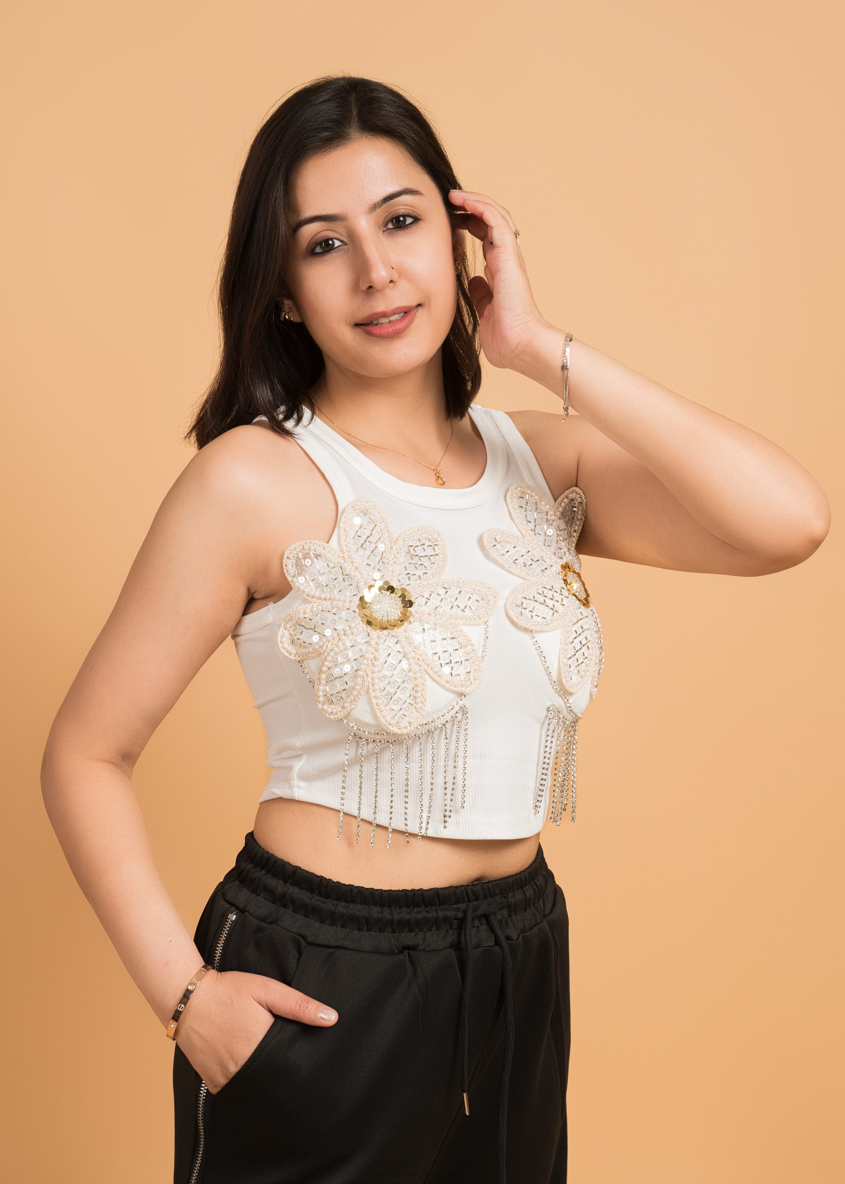 Bloom Beaded Crop Tank – White