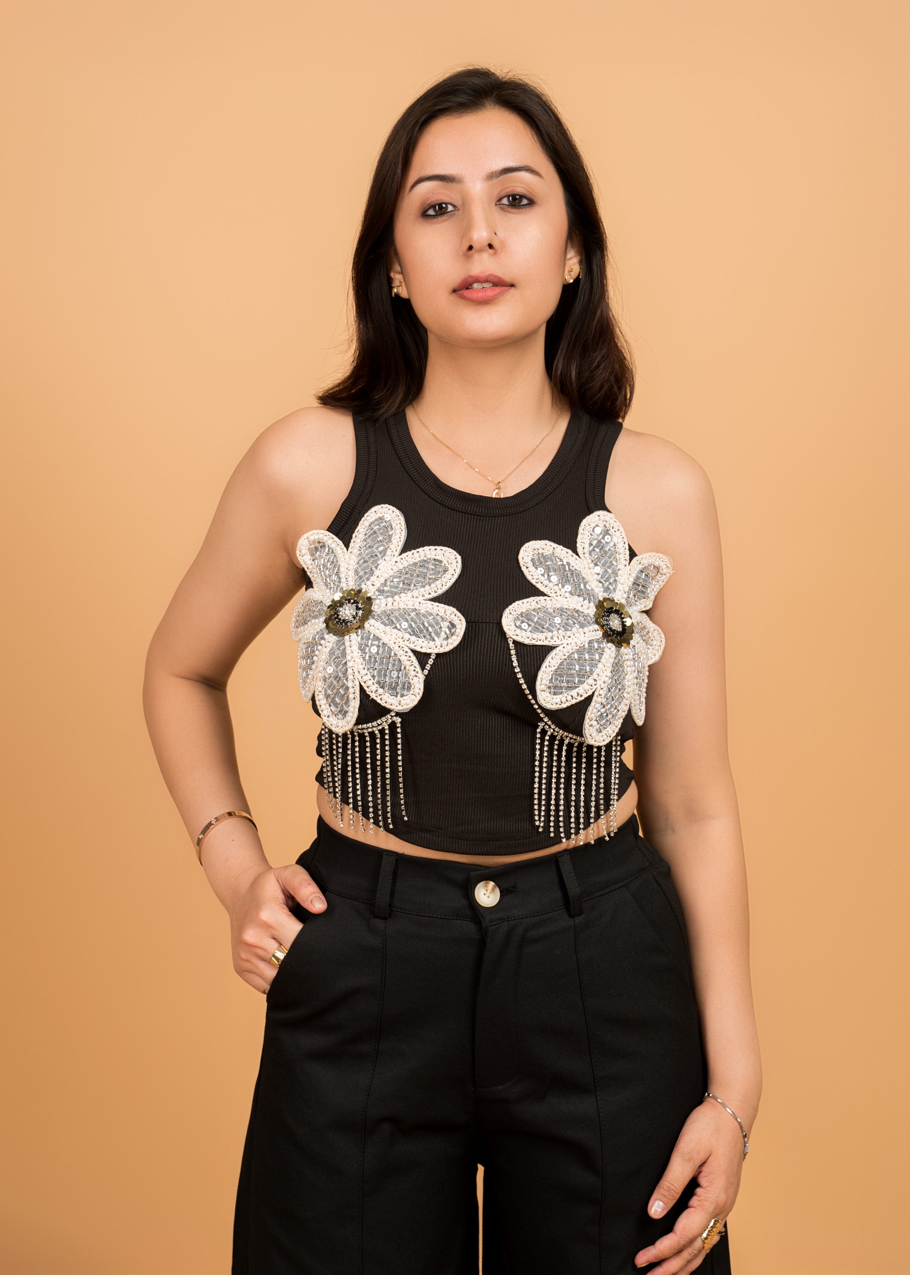 Starlit Petal Statement Crop – Free Size