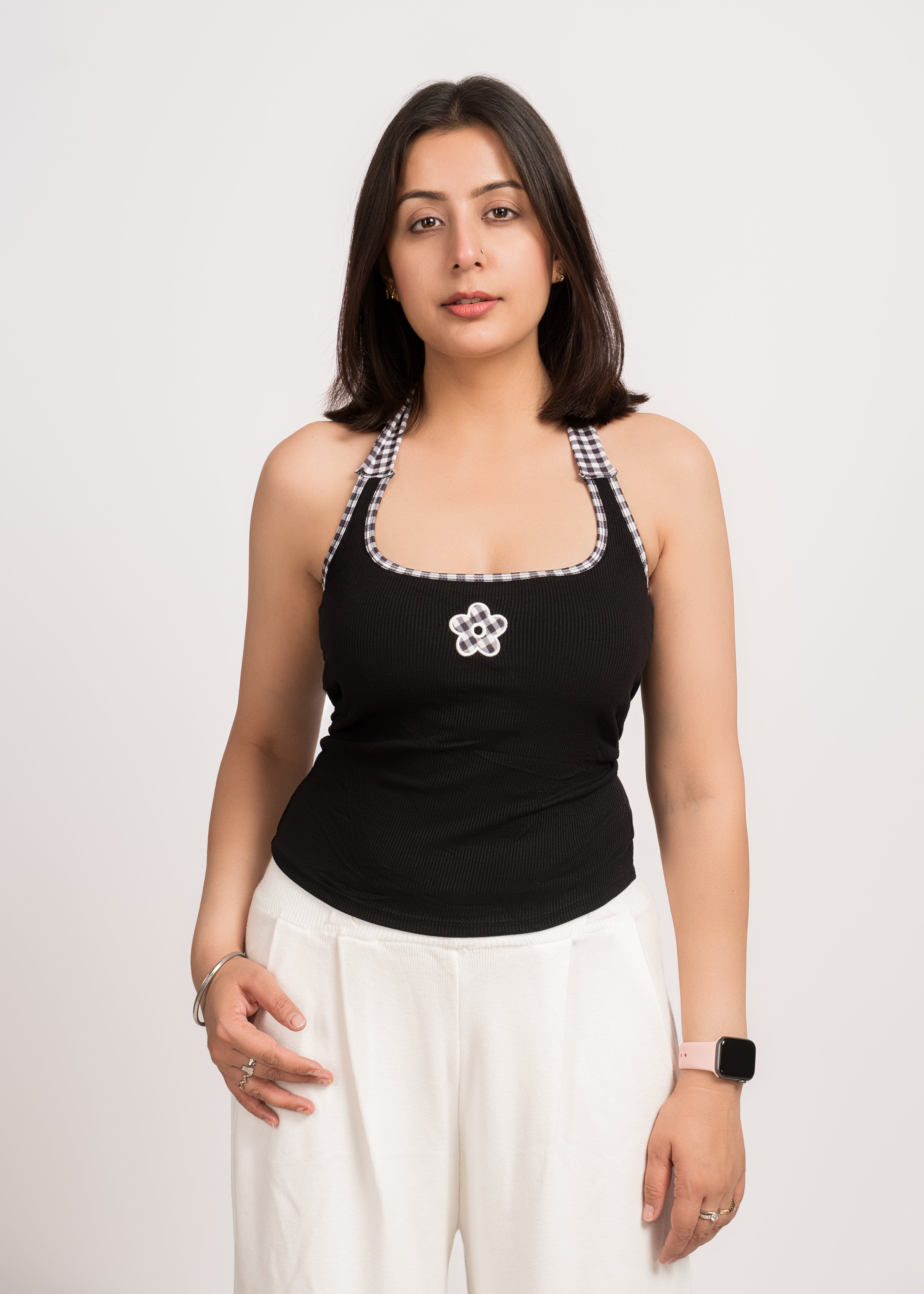 Black Gingham Bloom Halter Top